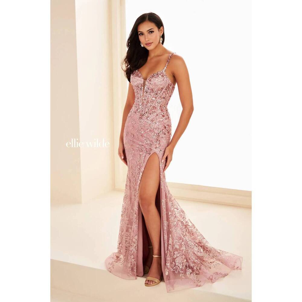 NEW ELLIE WILDE exposed boning corset lace gown in rose gold